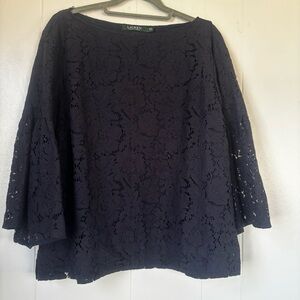 Lauren Ralph Lauren Women’s Navy Lace Top -Bell-Sleeve Tunic- Size Large- NWOT